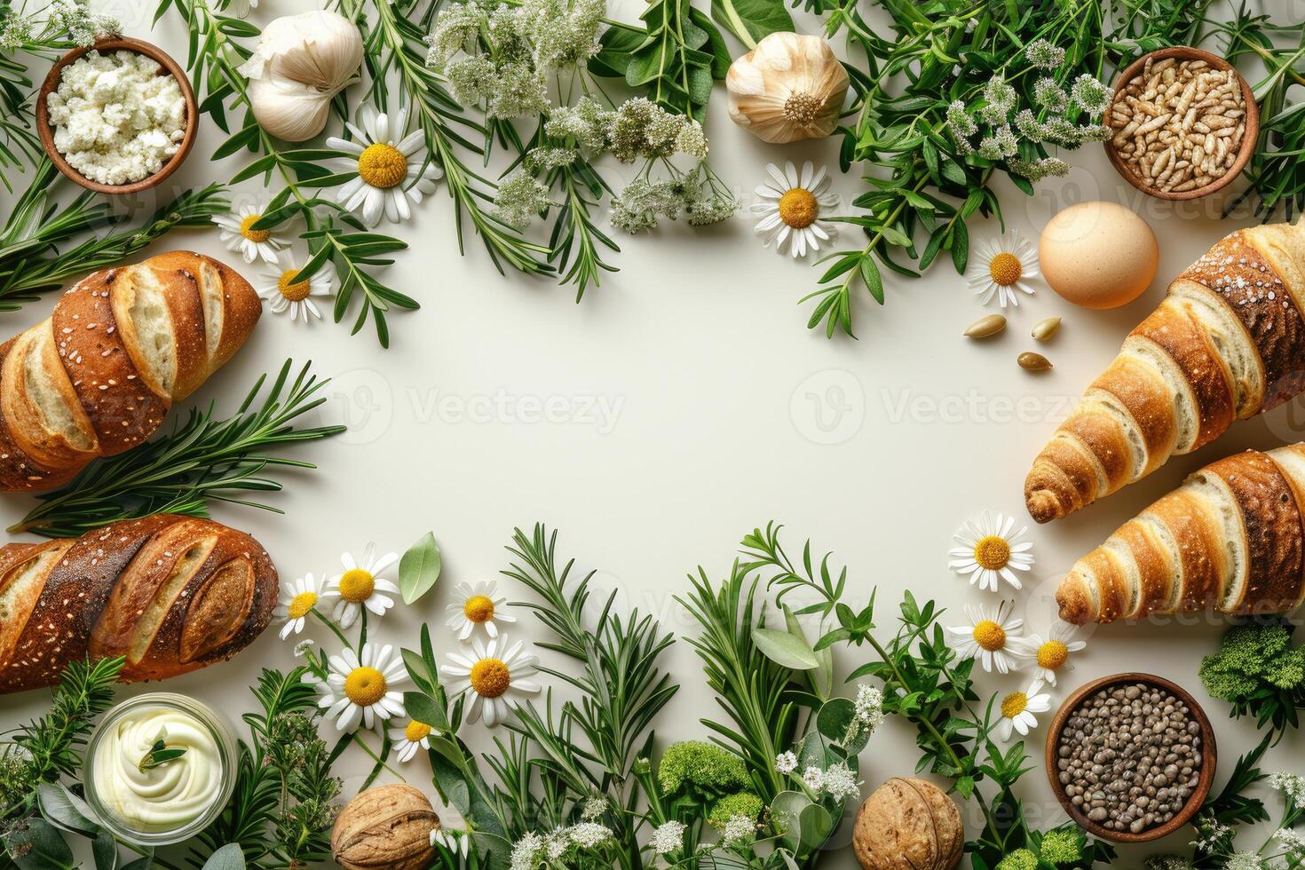 Rustic still life of fresh herbs flowers and bread on a whitewashed table photo