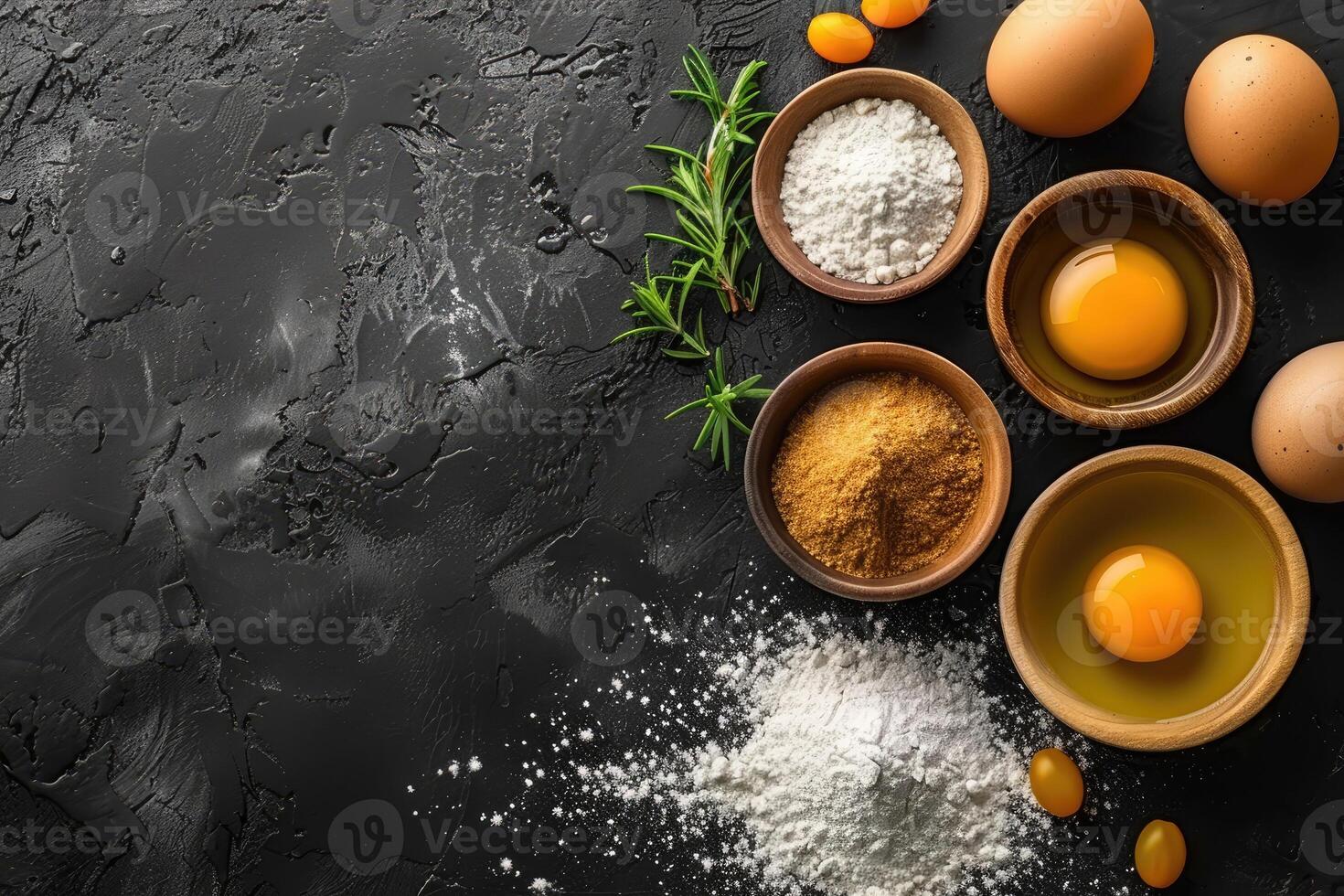 A scattered arrangement of baking ingredients on a black surface featuring eggs flour and spices photo