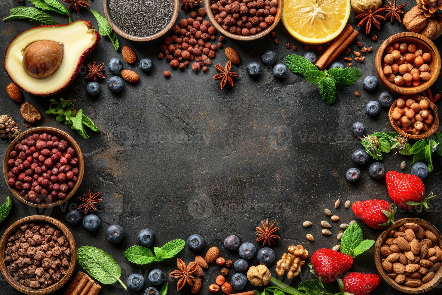 A Circular Arrangement of Fresh and Dried Fruits Nuts and Spices on a Dark Background photo