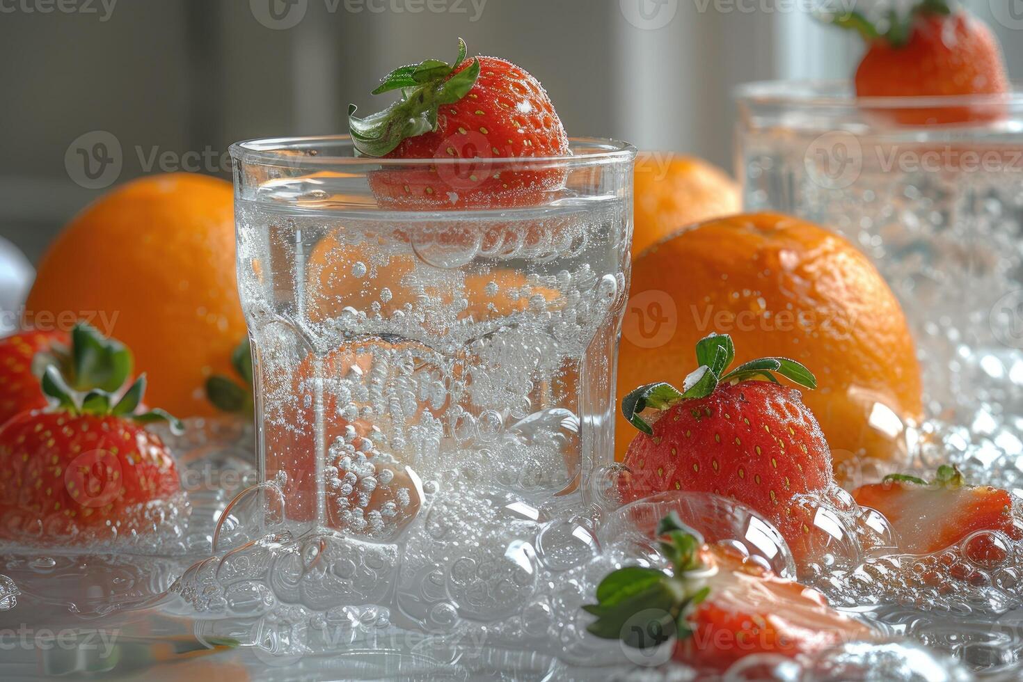 Glass of sparkling water with floating strawberry and orange slices photo
