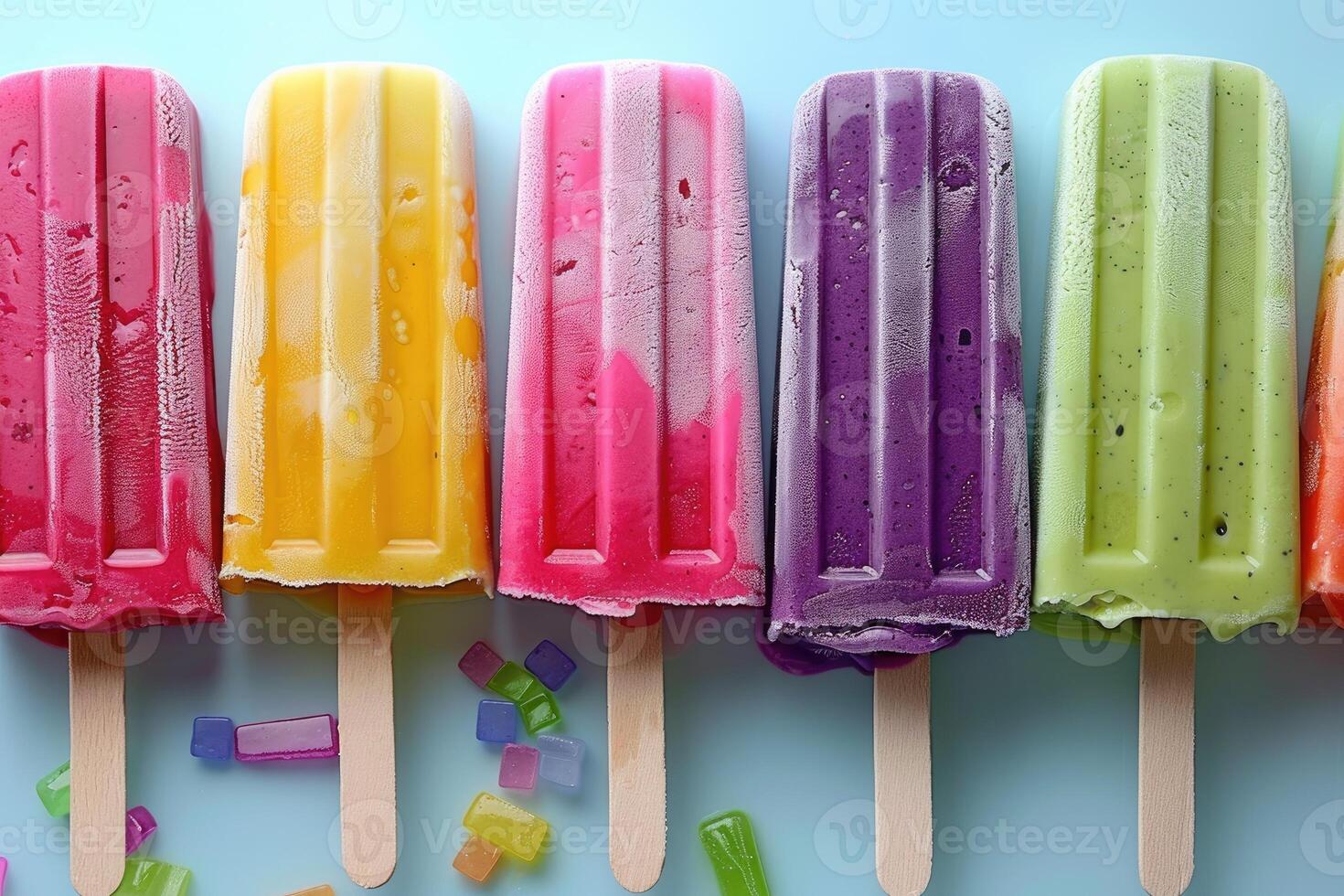 Colorful popsicles on a blue background photo