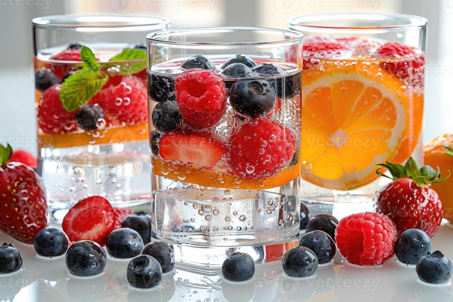 Refreshing summer fruit infused sparkling water with fresh berries photo