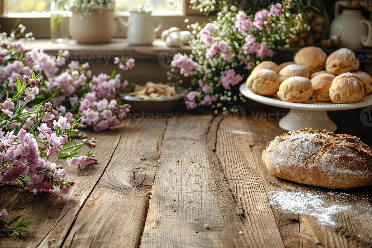 A rustic wooden table adorned with delicate pink flowers and freshly baked bread creating a warm and inviting scene photo