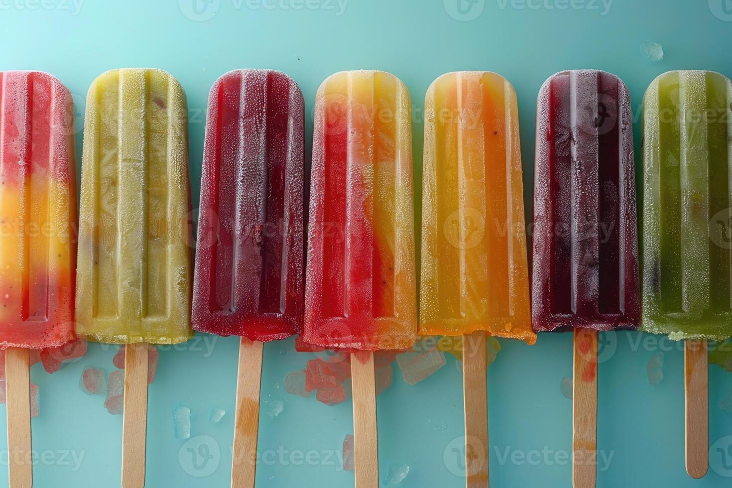 Colorful popsicles melting on a blue background photo