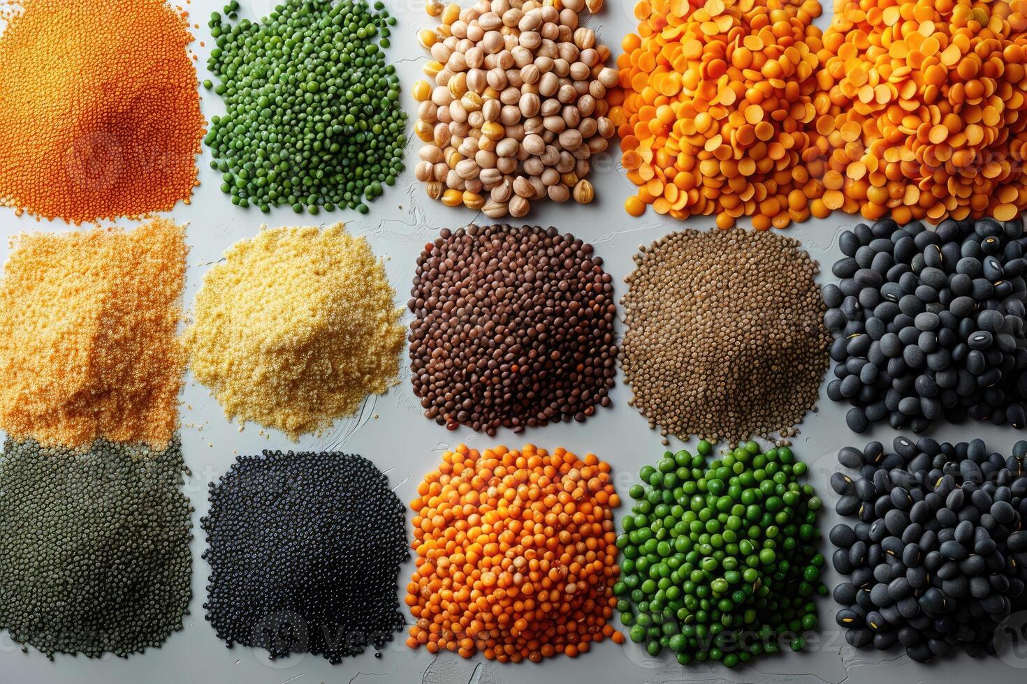 Colorful variety of dried peas lentils and beans on white background photo
