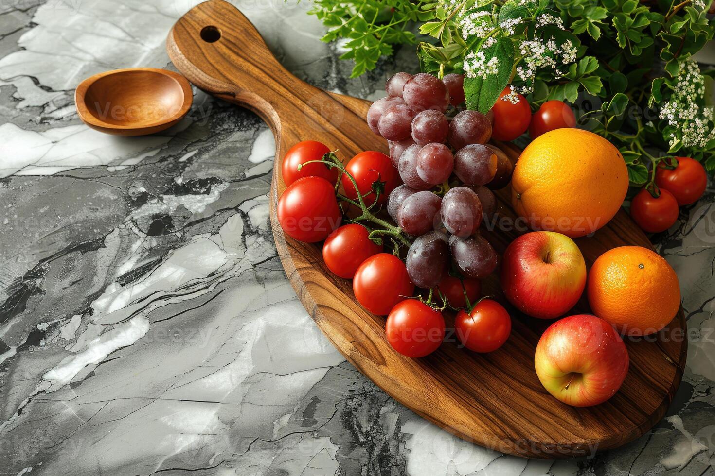 A wooden cutting board filled with fresh grapes oranges apples and cherry tomatoes resting on a marble surface photo