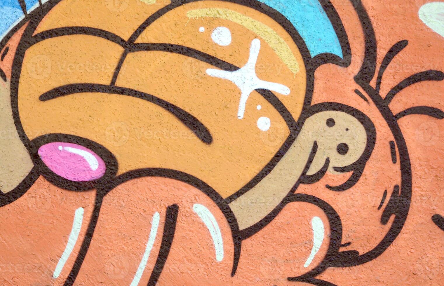 Colorful background of graffiti painting artwork with bright aerosol outlines on wall. Old school street art piece made with aerosol spray paint cans. Contemporary youth culture photo