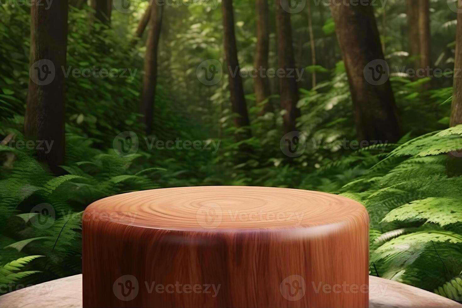 Jungle table background. Interior table for a cosmetic item against the backdrop of tropical plants, palms and jungle. Neural network photo