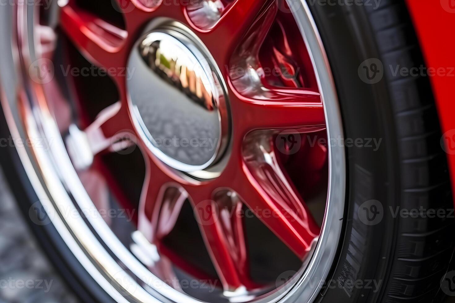 Closeup detail of Red Aluminum car wheel. Neural network photo