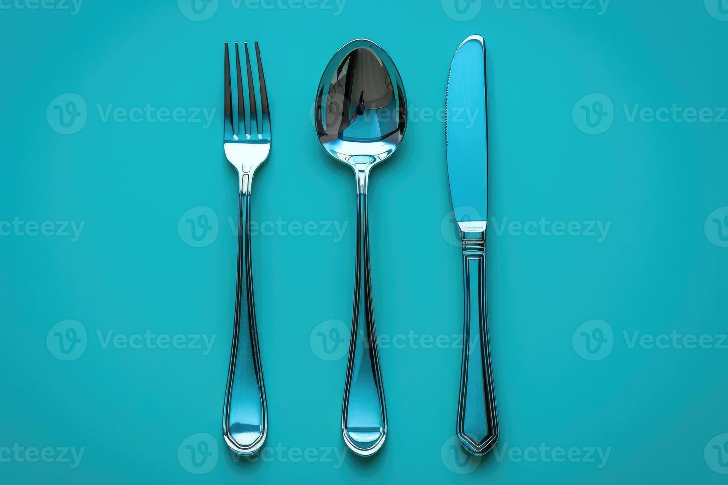 A Fork, Spoon, and Knife on a Teal Background photo