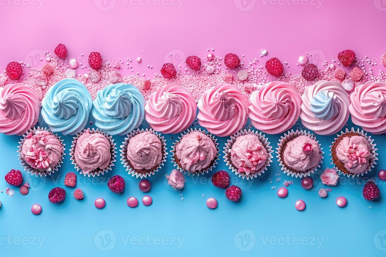 A row of pink and blue frosted cupcakes adorned with raspberries and sprinkles on a vibrant blue and pink background photo