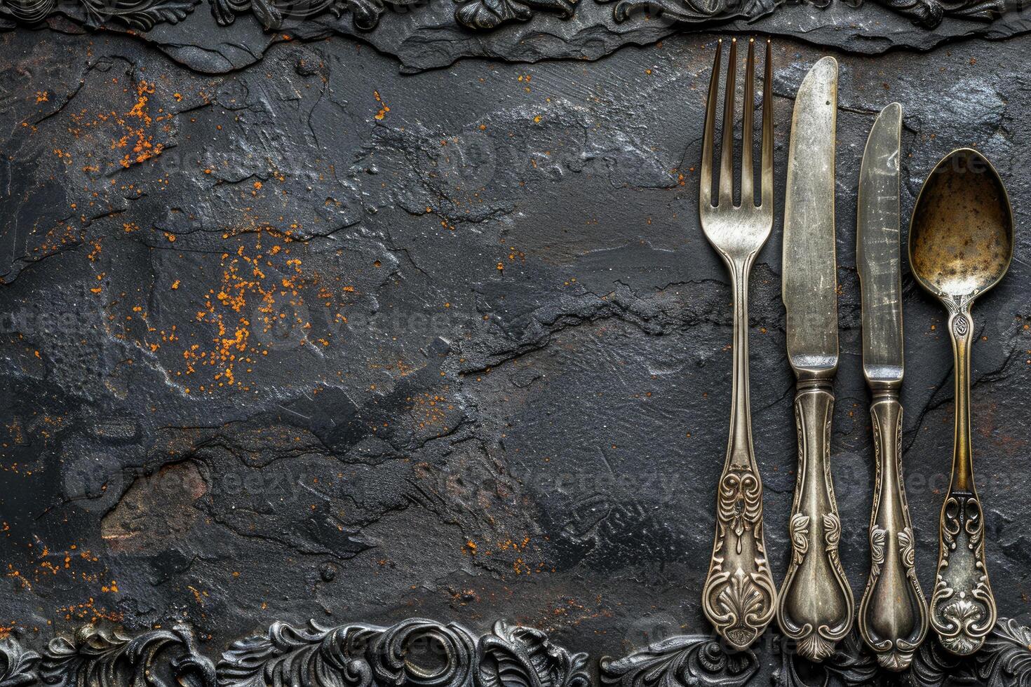 Antique Silverware on a Rustic Black Slate Surface photo