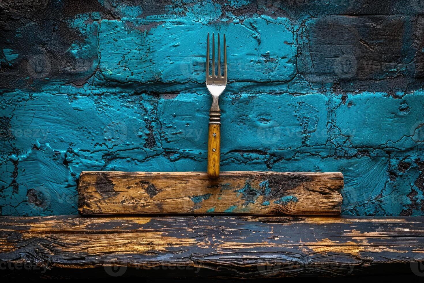 Rustic Fork on Weathered Wooden Plank Against a Teal Brick Wall photo