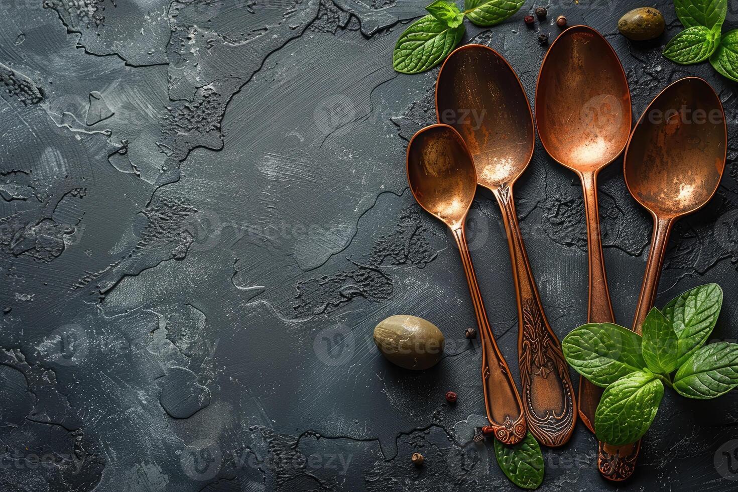 Copper Spoons, Mint, and Spices on a Dark Surface photo