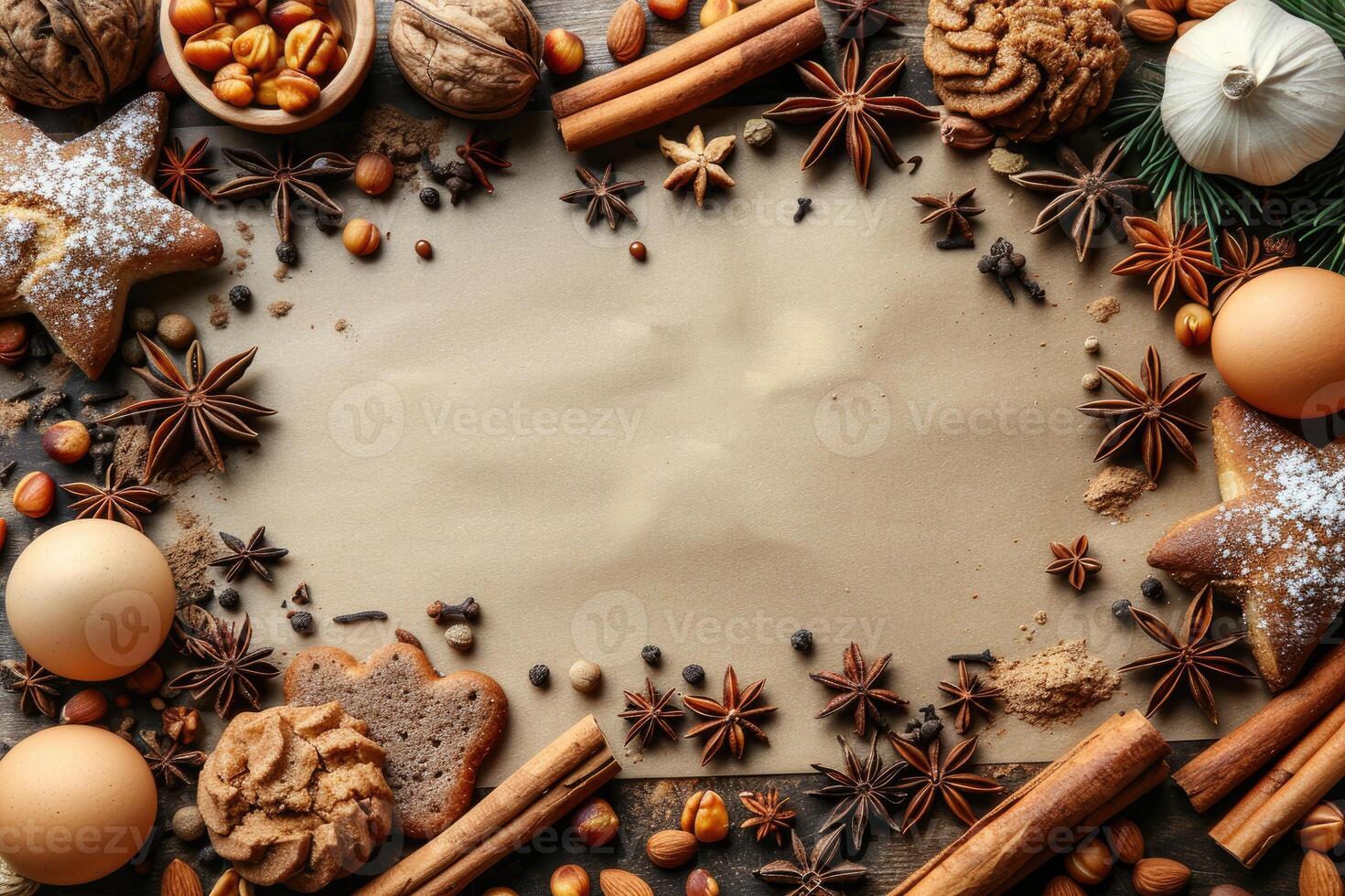 A Festive Arrangement of Spices Cookies and Eggs Surrounding a Blank Space on a Brown Surface photo