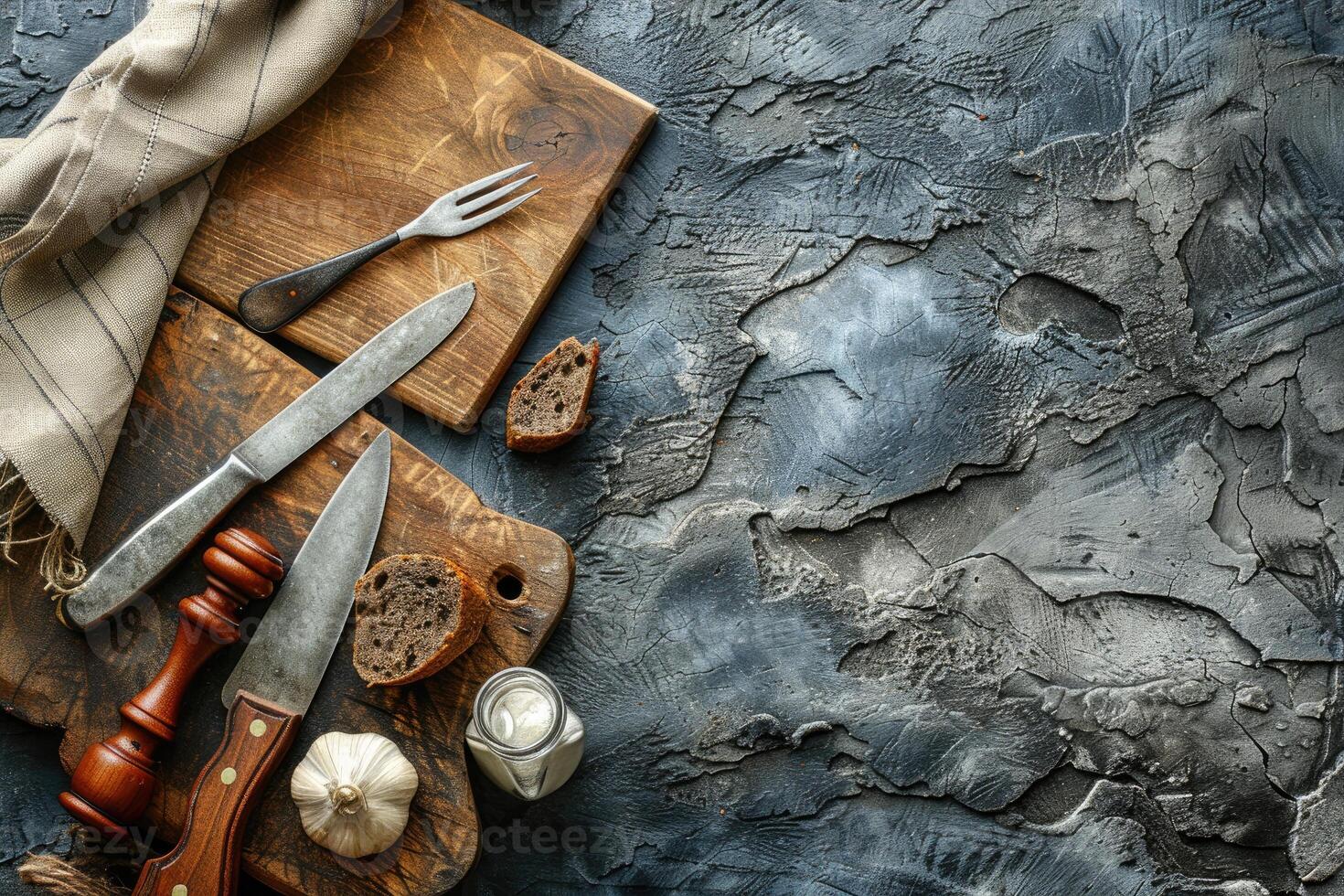 Rustic Kitchen Table Setting with Bread, Garlic, and Utensils photo