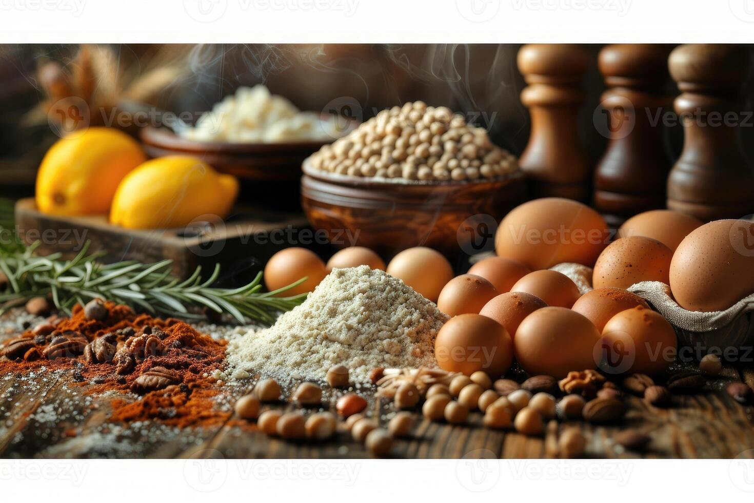 A rustic table setting showcasing an assortment of baking ingredients including flour eggs nuts and spices with a hint of steam rising from the background photo