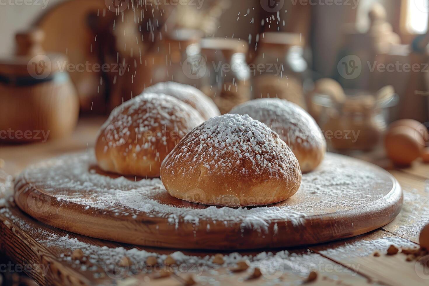 Powdered sugar falls on three fresh goldenbrown loaves of bread on a wooden cutting board photo