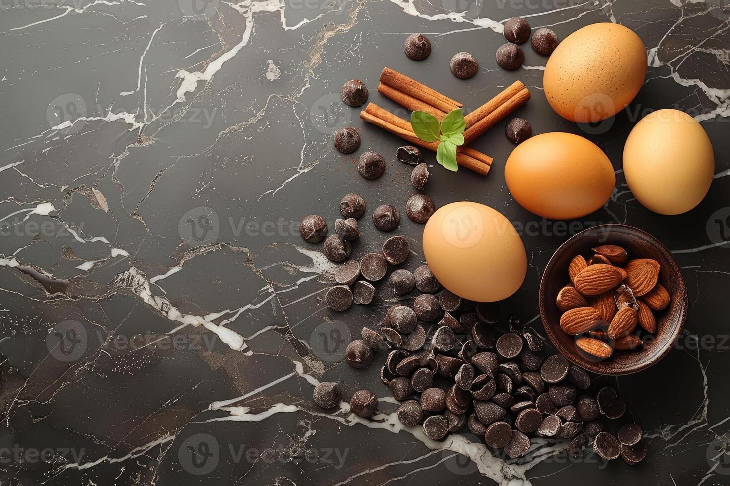 A Composition of Chocolate Chips Eggs Cinnamon Sticks Almonds and a Sprig of Mint on a Marble Surface photo