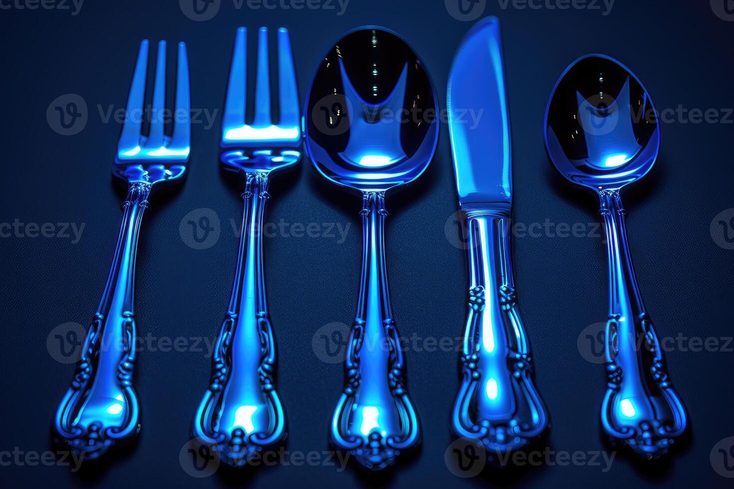 Shiny Silverware with Intricate Details Under Blue Light photo