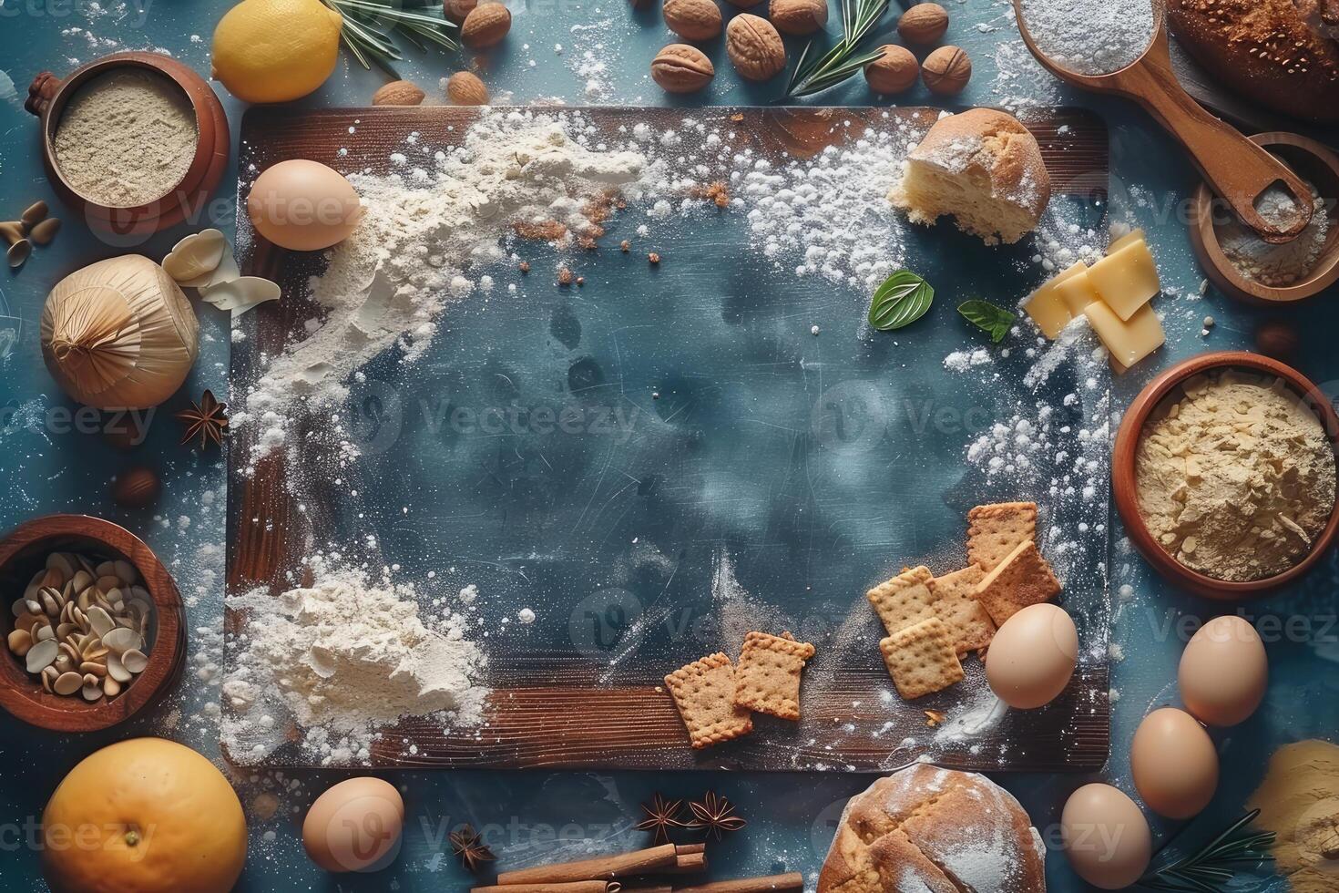 A Scattered Array of Baking Ingredients Surrounding a Wooden Cutting Board on a Blue Background photo
