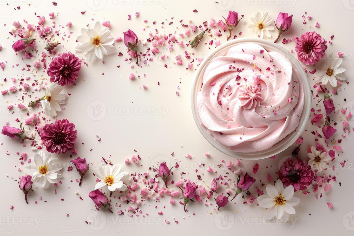 A bowl of pink whipped cream adorned with flower petals and sprinkles surrounded by scattered rosebuds and blossoms on a white background photo