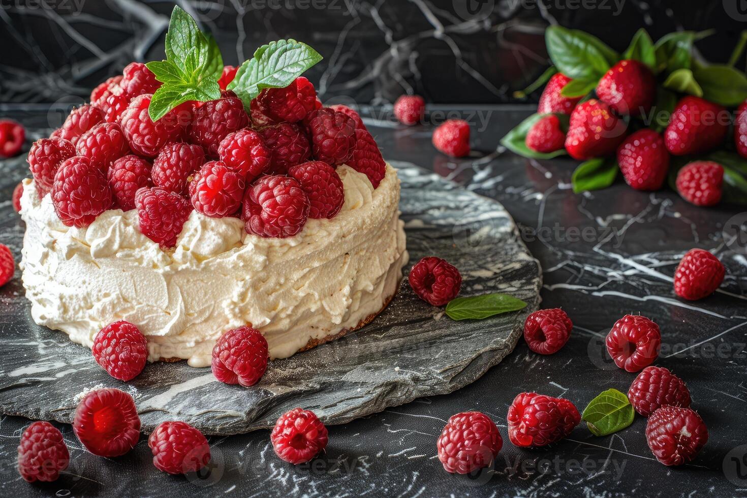 A creamy white cake topped with fresh raspberries and a sprig of mint sits on a slate plate surrounded by scattered berries photo