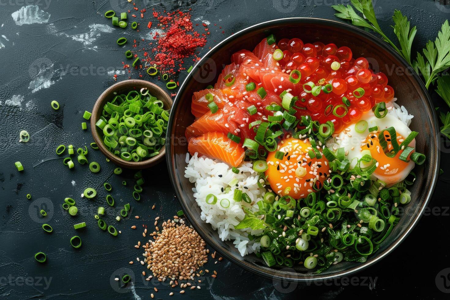 A bowl of salmon rice and caviar topped with green onions and a fried egg photo