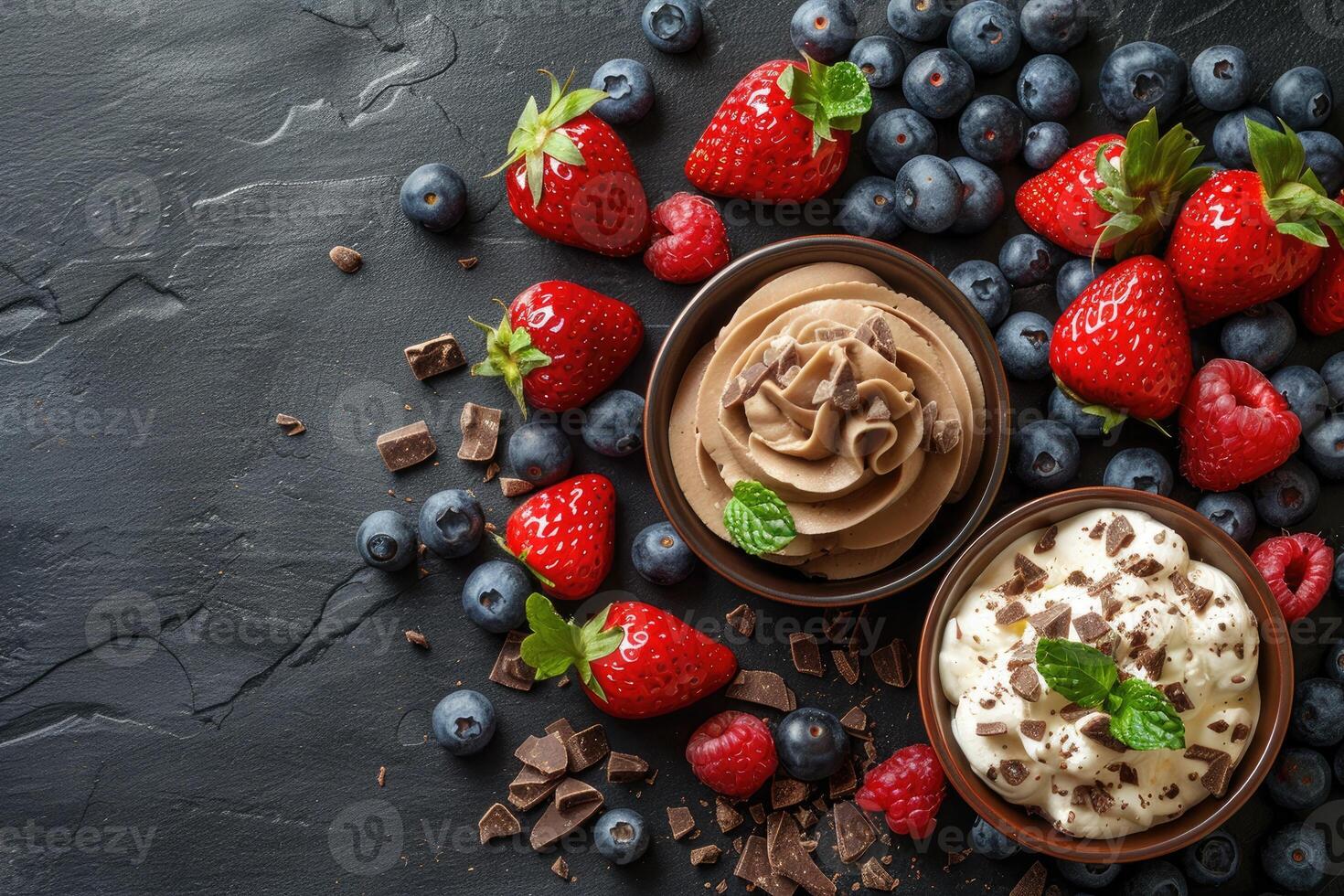 A delectable arrangement of chocolate cream whipped cream fresh berries and chocolate pieces on a black slate surface photo