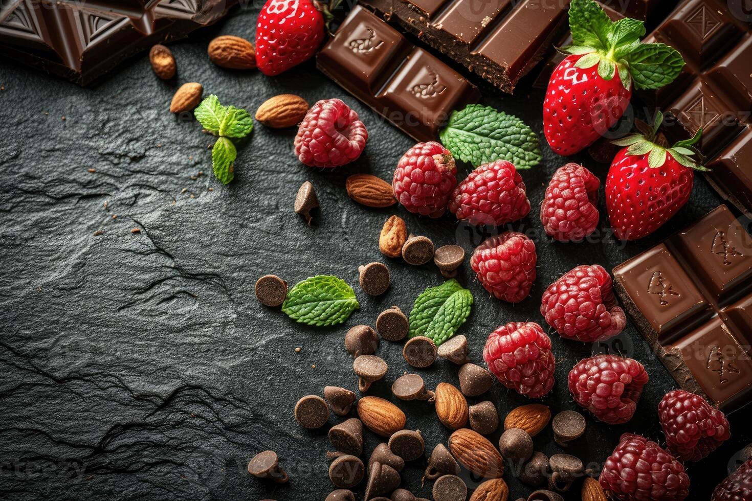 A delectable arrangement of chocolate raspberries strawberries almonds and mint leaves on a dark slate surface photo