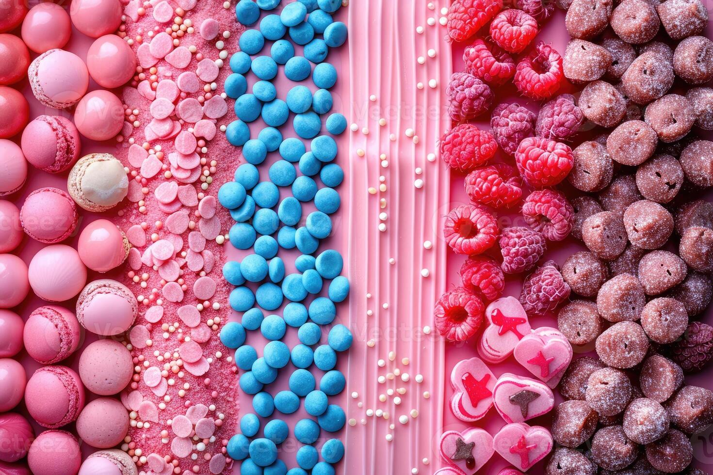 A vibrant array of pink and blue candy and treats showcasing a medley of textures and flavors photo