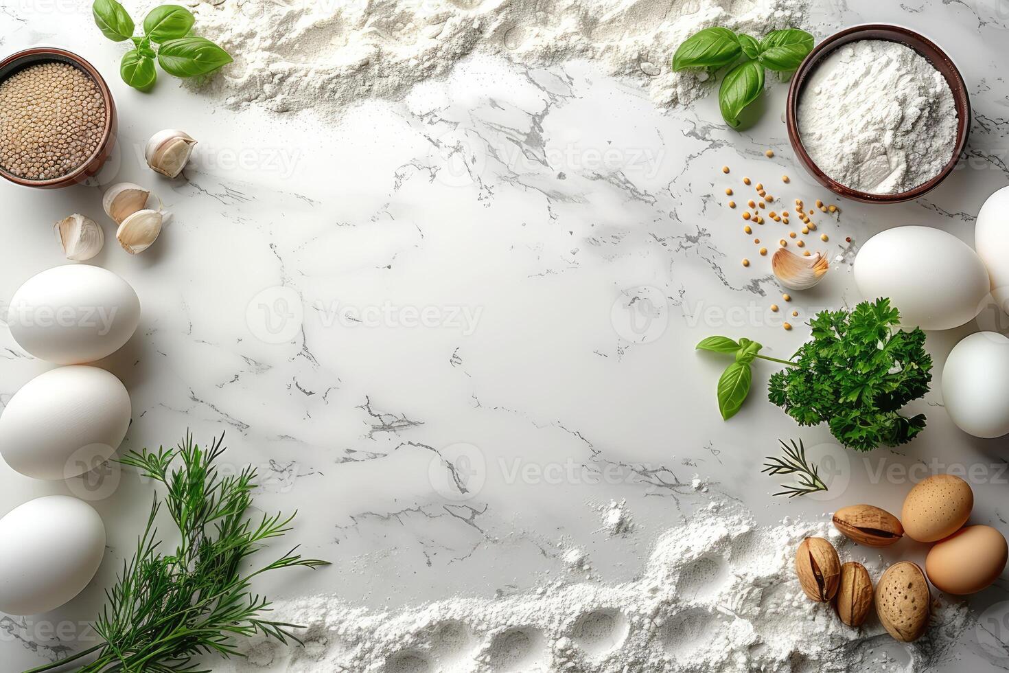 A marble countertop is adorned with a collection of baking ingredients including flour eggs nuts and herbs photo