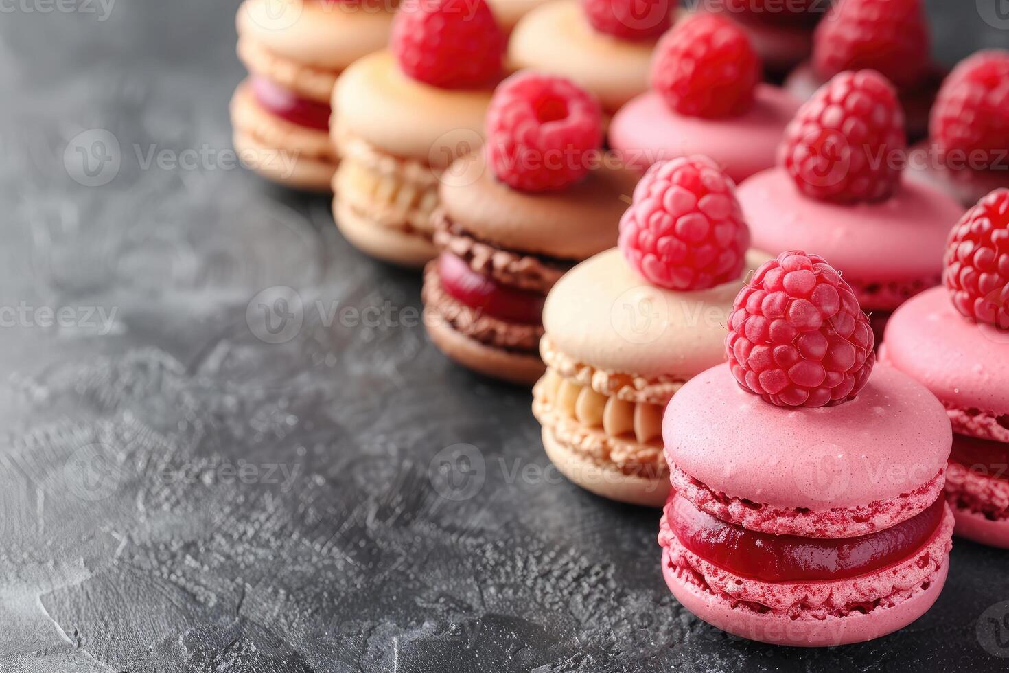 A row of colorful macarons adorned with fresh raspberries rests on a dark textured surface photo