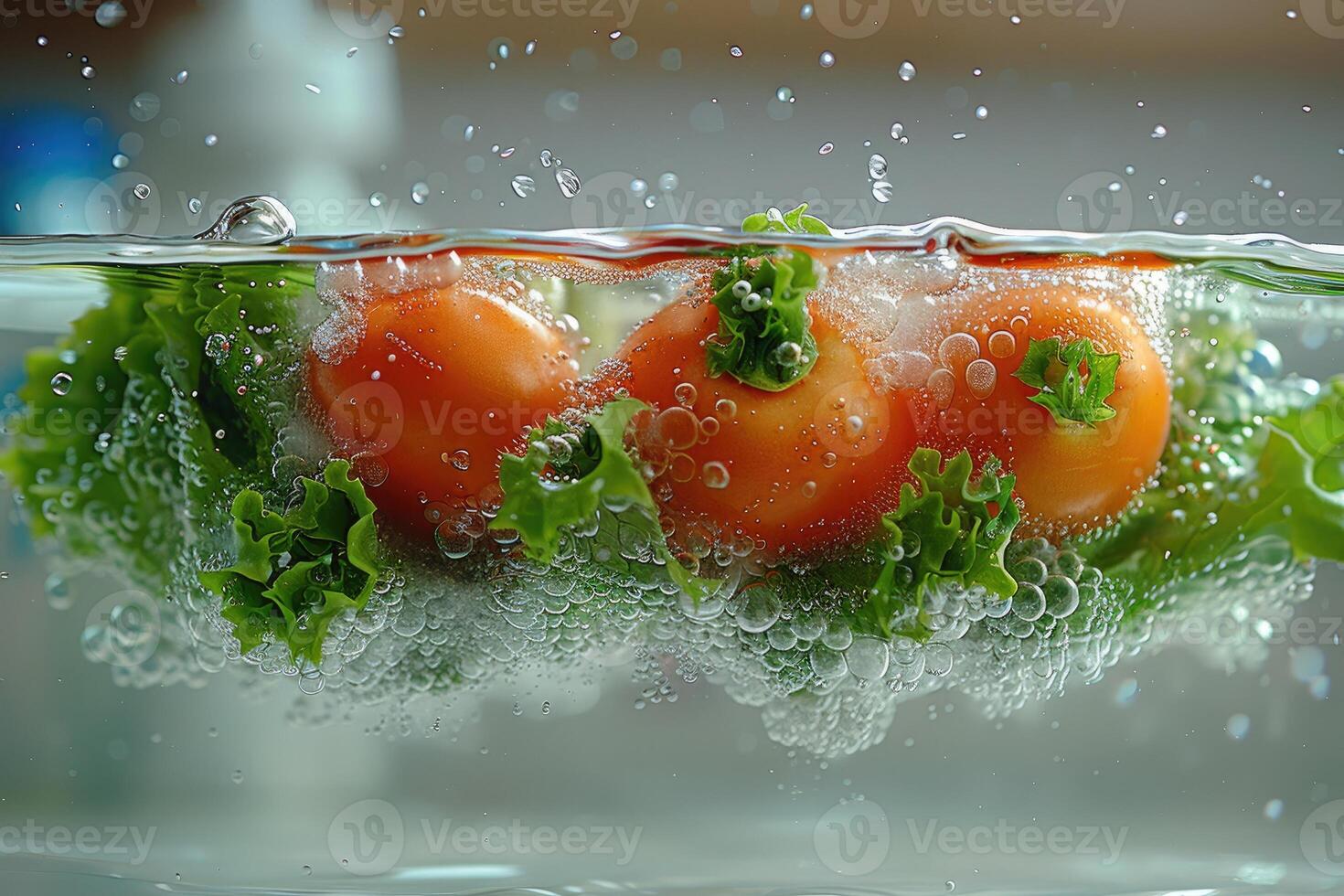 A collection of fresh vegetables submerged in water with bubbles showcasing their freshness and vibrancy photo