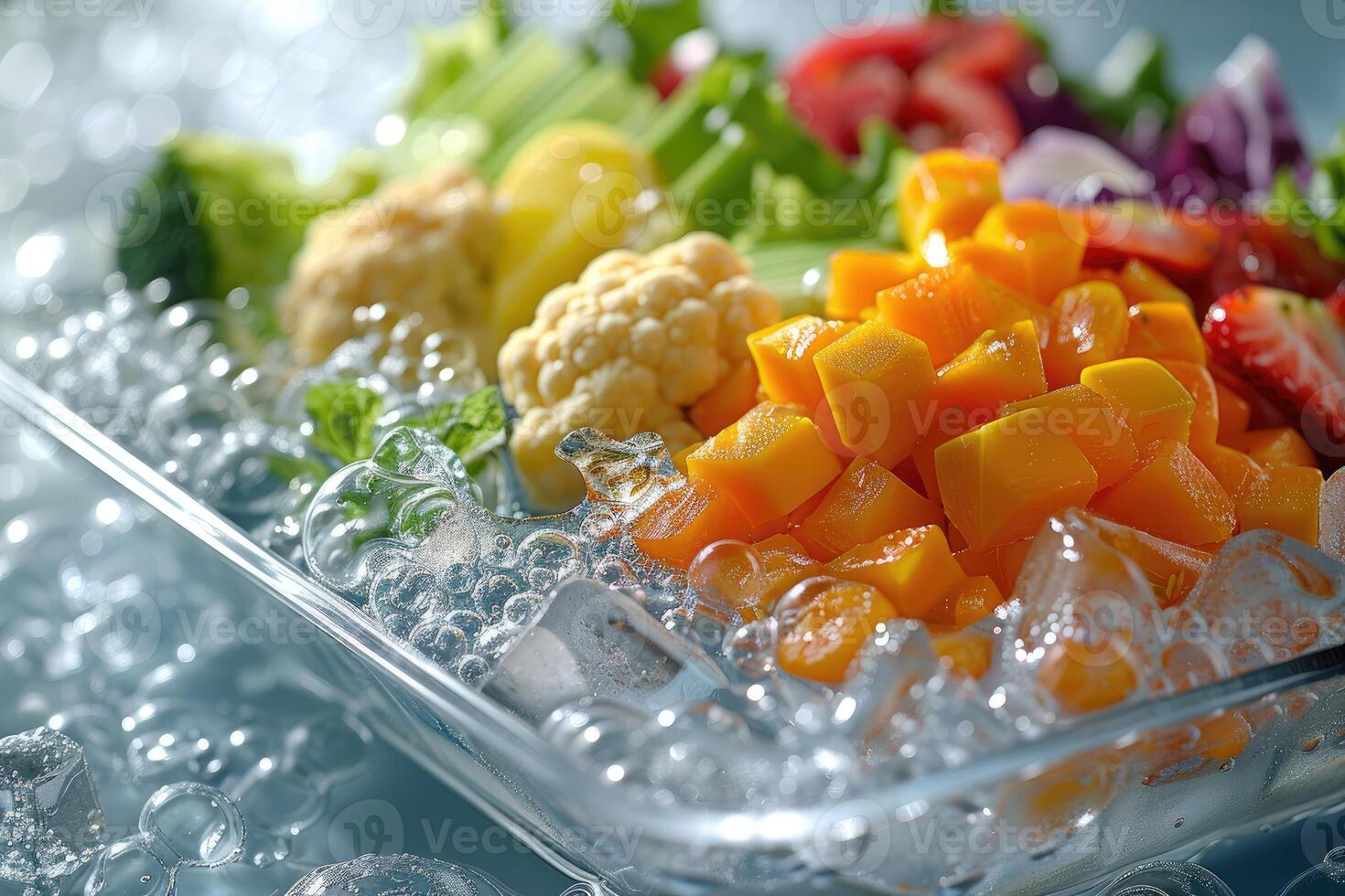 A collection of fresh vegetables submerged in water with bubbles showcasing their freshness and vibrancy photo
