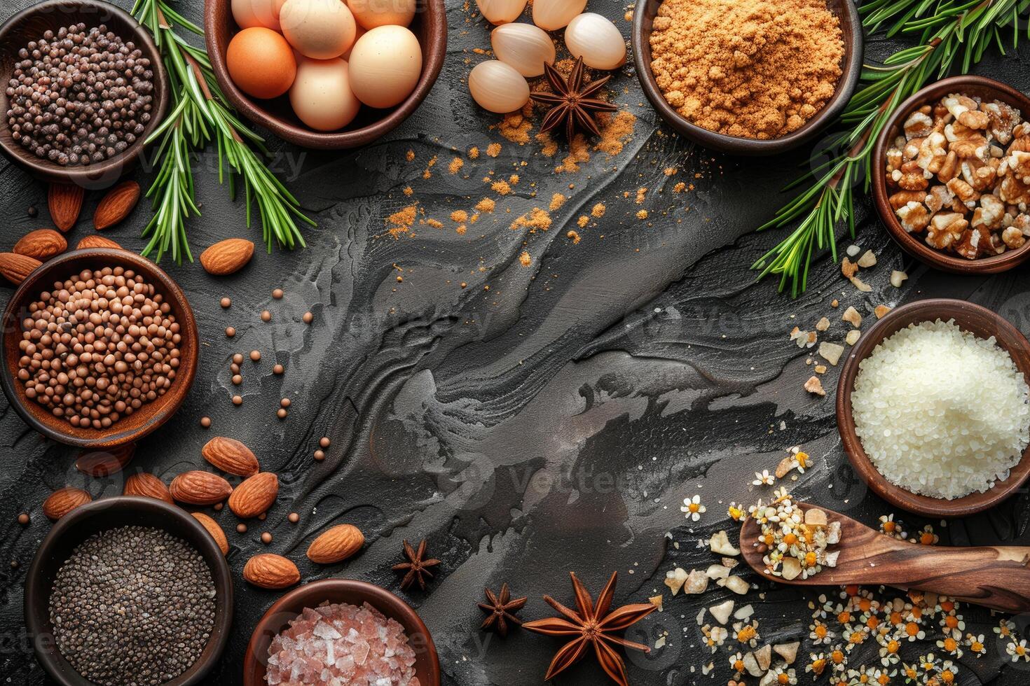 A collection of culinary ingredients arranged in bowls and scattered on a black surface showcasing a variety of flavors and textures photo