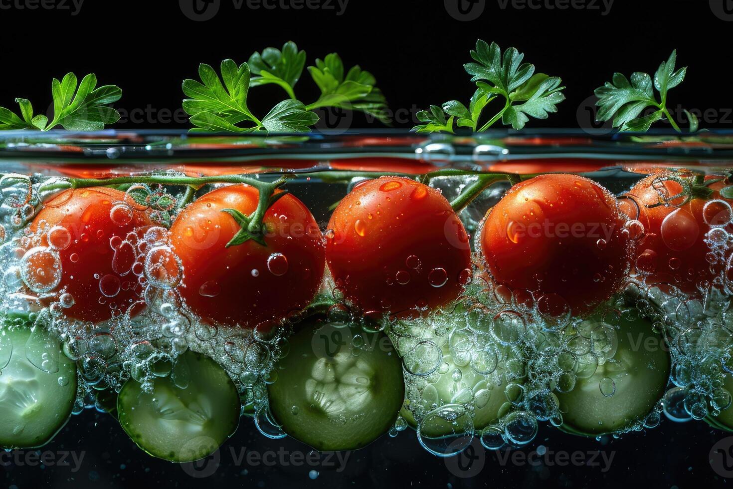 A collection of fresh vegetables submerged in water with bubbles showcasing their freshness and vibrancy photo