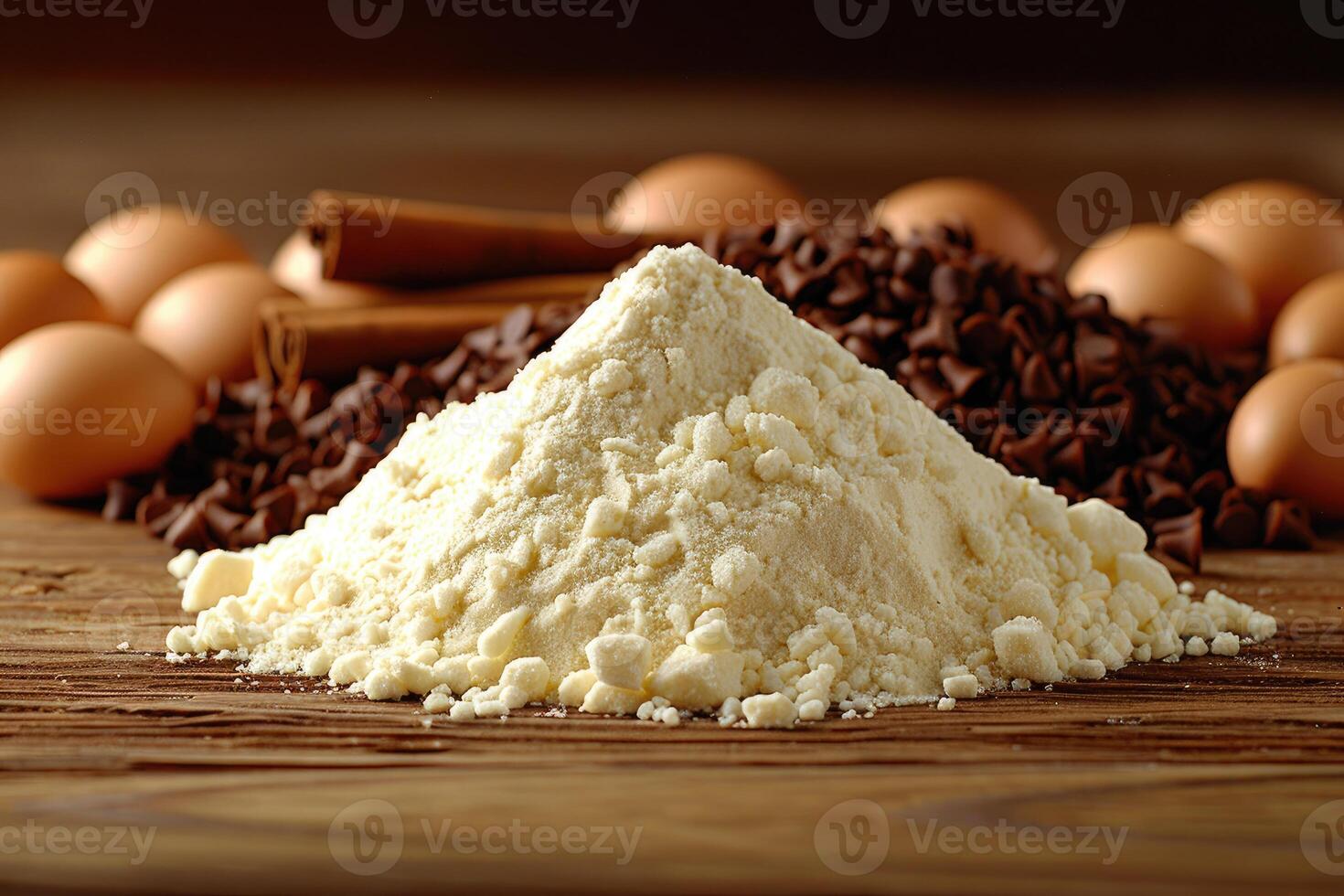 A mound of granulated sugar rests on a wooden surface surrounded by chocolate chips eggs and cinnamon sticks photo