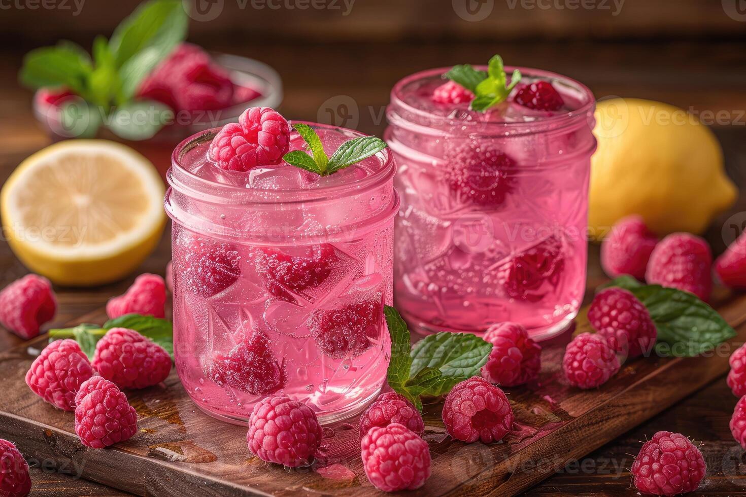 raspberry lemonade in mason jars with lemon slices and mint leaves photo