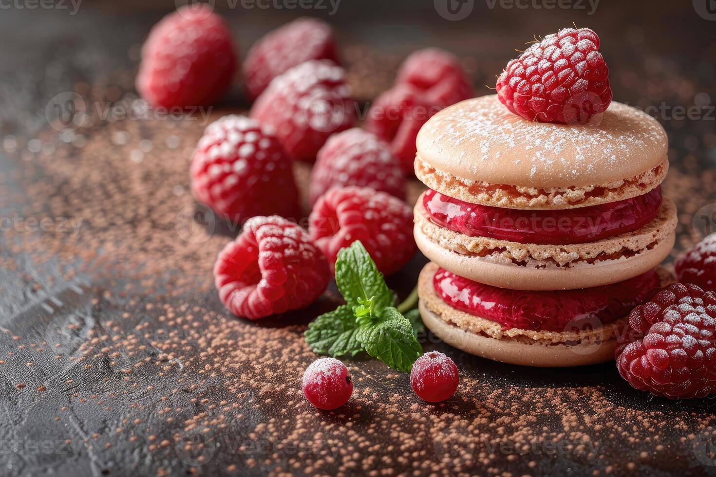 A Stack of Macarons with Raspberry Filling and a Raspberry Topper Surrounded by Fresh Berries photo