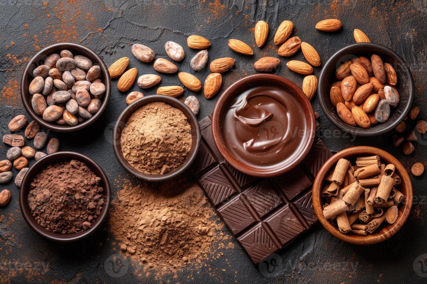 Cocoa beans almonds and cinnamon sticks arranged around a bar of dark chocolate and a bowl of melted chocolate photo