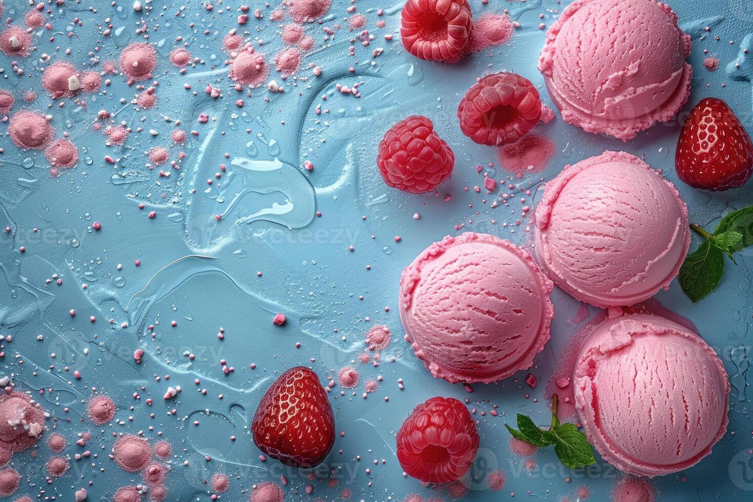 Pink ice cream scoops with raspberries and a strawberry on a blue background with pink sprinkles photo