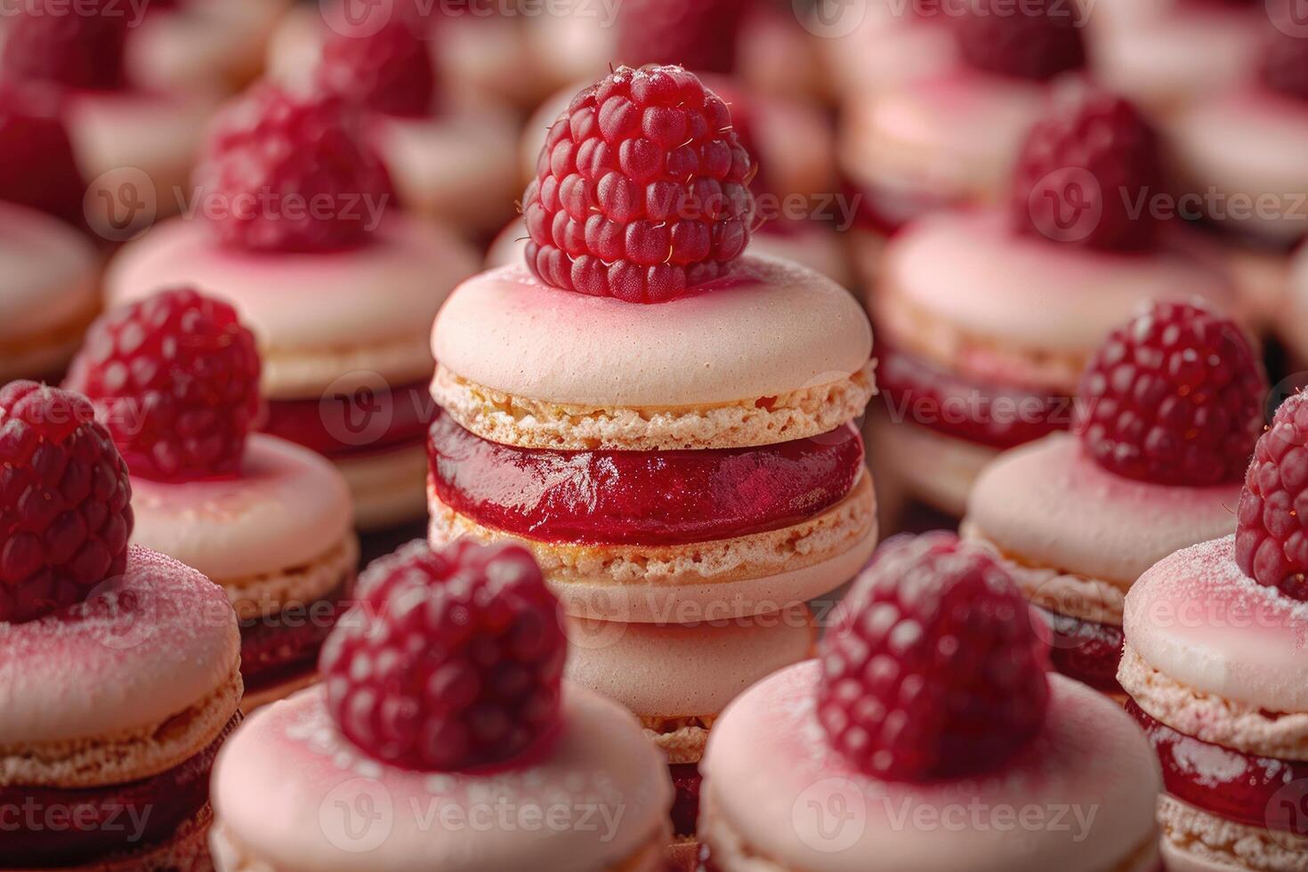 A Closeup of Delicate Raspberry Macarons with a Layer of Red Jam and a dusting of Sugar photo
