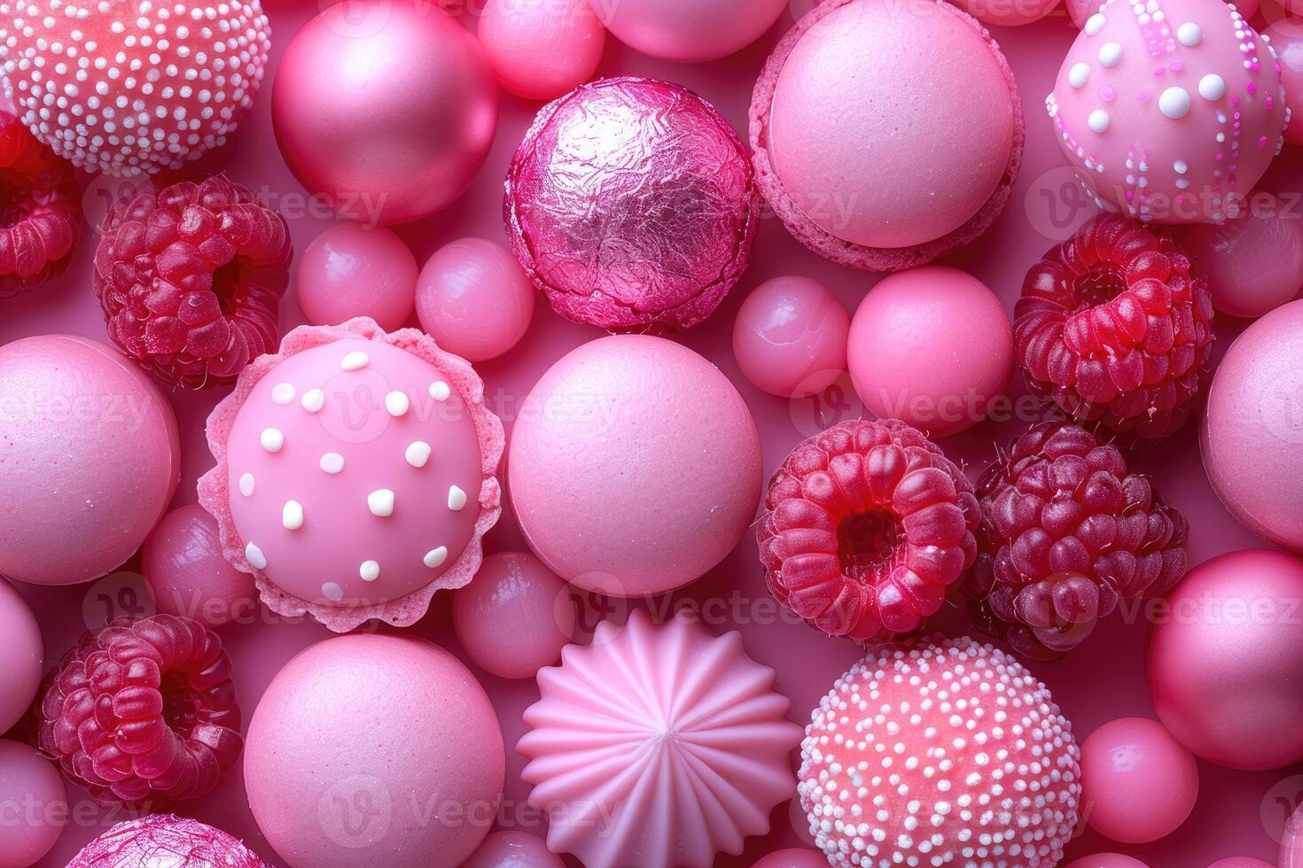 A vibrant arrangement of pink and red spheres raspberries and macarons creates a visually appealing and textured composition photo