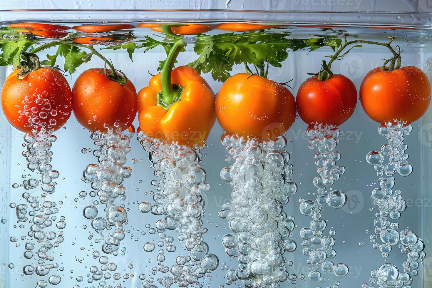 A collection of fresh vegetables submerged in water with bubbles showcasing their freshness and vibrancy photo