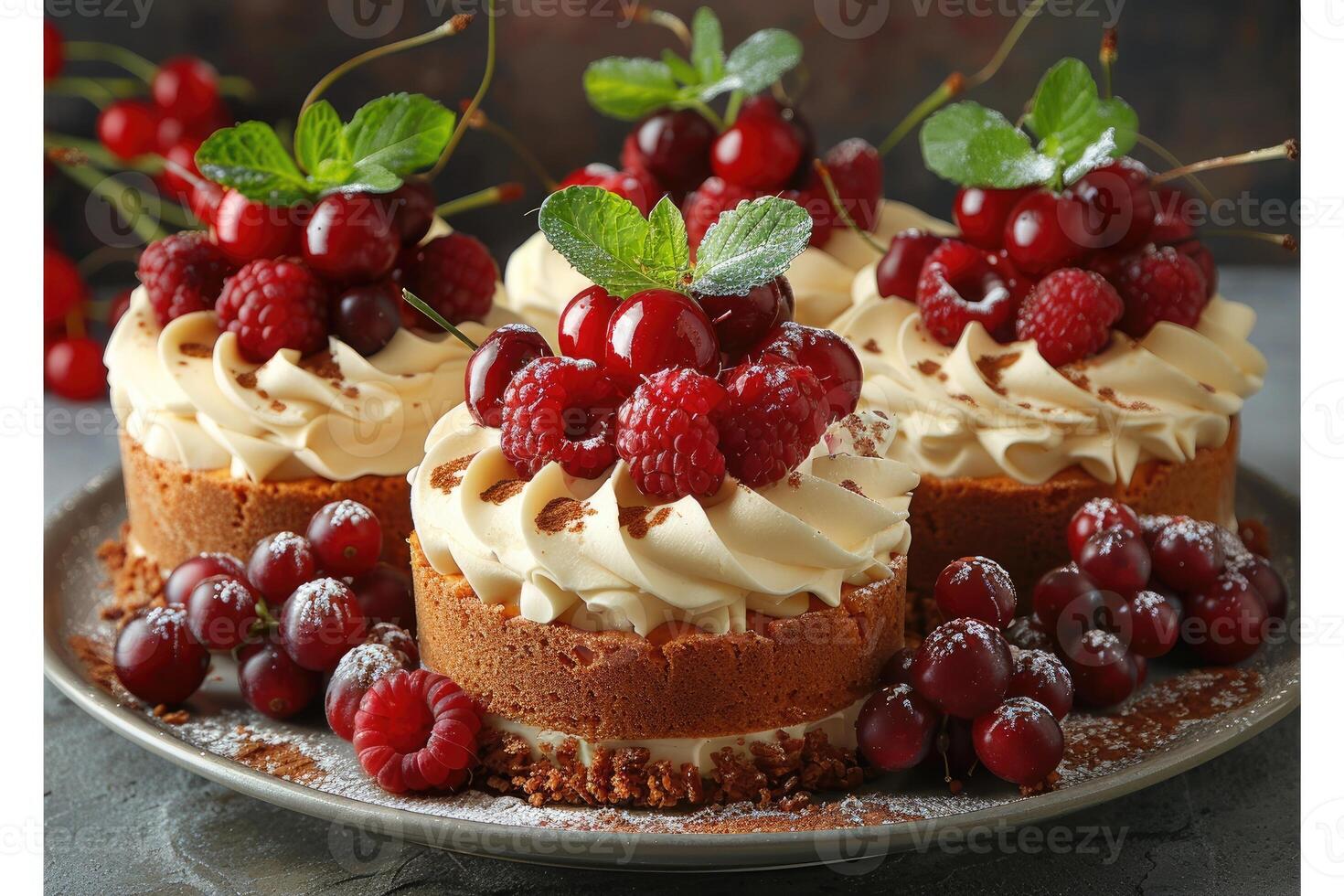 Three small cakes topped with whipped cream cherries raspberries and mint leaves presented on a grey plate surrounded by grapes photo