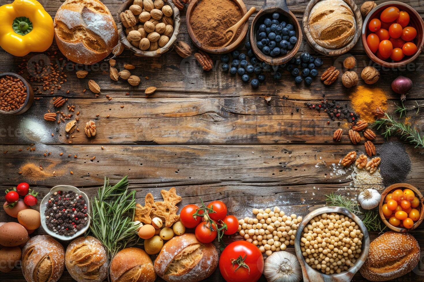 Rustic wooden background surrounded by an assortment of fresh ingredients including bread tomatoes nuts and spices photo