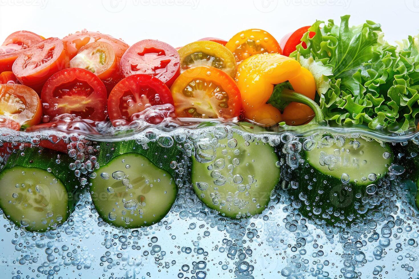 A collection of fresh vegetables submerged in water with bubbles showcasing their freshness and vibrancy photo