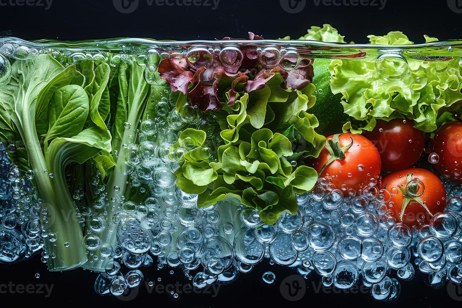 A collection of fresh vegetables submerged in water with bubbles showcasing their freshness and vibrancy photo
