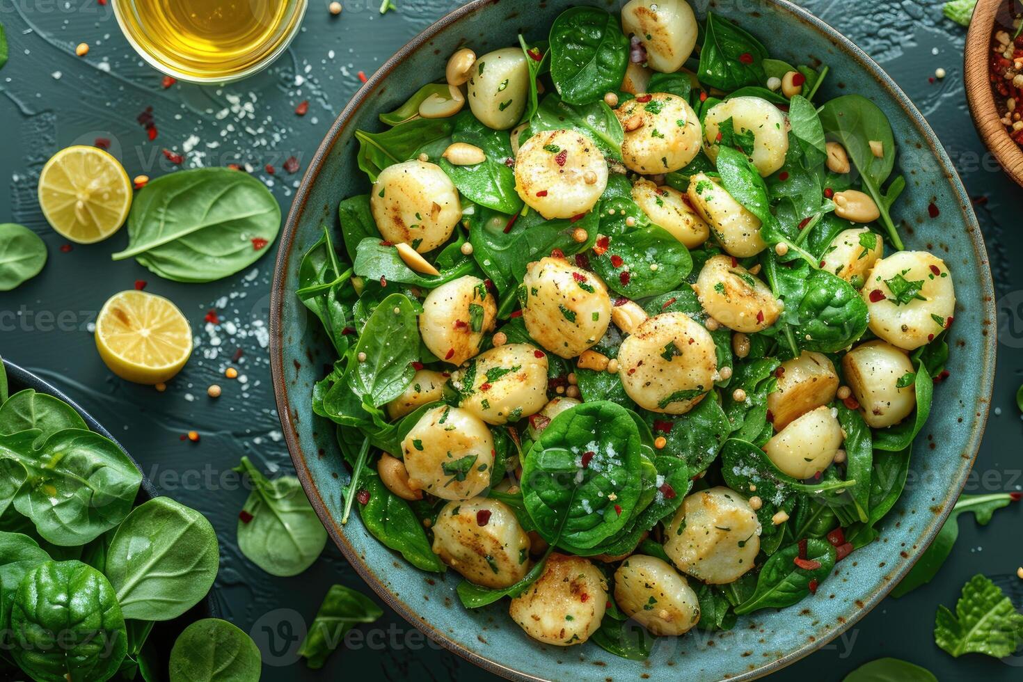 A Close Up of a Salad With Roasted Potatoes Spinach and Lemon Slices photo